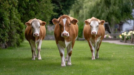Three brown and white cows walking on green grass in a lush rural setting