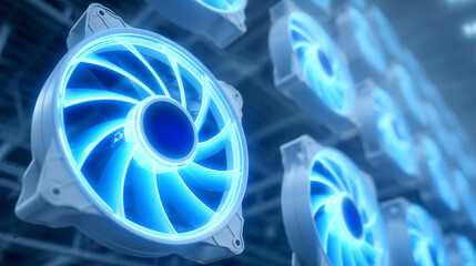 High-speed server fans spinning, neon-blue lighting, close-up in dim data hall