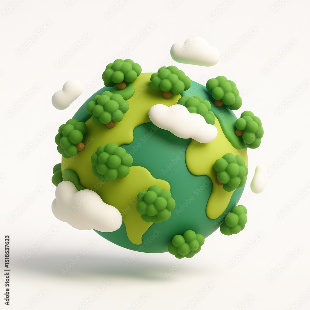 Poster stylized 3d model of green planet with trees and clouds