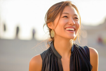 A woman with a gold earring is smiling and looking at the camera. She is wearing a black dress and she is happy