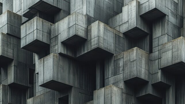 Brutalist Architectural Design with Sleek Geometric Concrete Structures in Stark Urban Cityscape