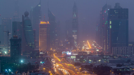 Dubai cityscape during sand storm day to night timelapse