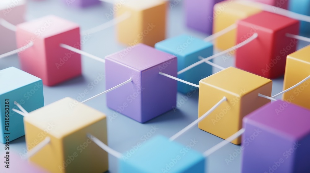 Poster a network structure made of colorful blocks connected to each other, symbolizing connection and inte