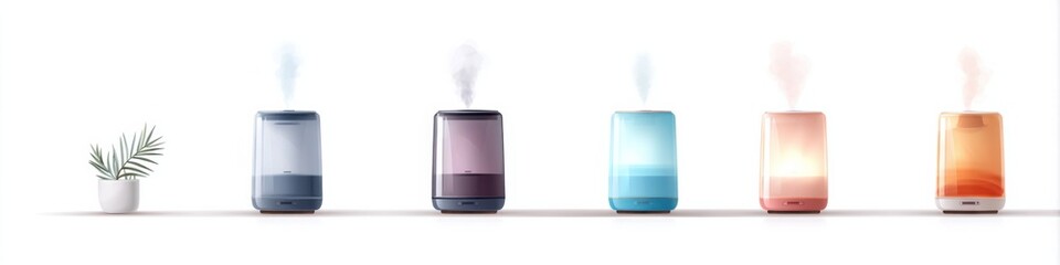 Colorful humidifier collection on white background for artistic decoration and wellness promotion