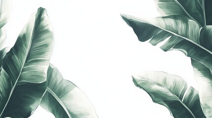 Lush green tropical leaves are painted in a watercolor style, stretching towards the sky
