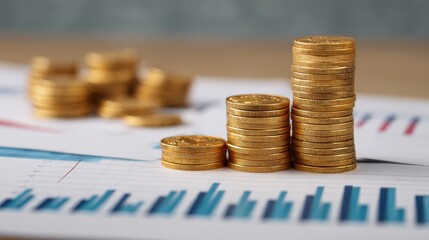 Stacked gold coins on financial documents with bar graphs representing economic growth and analysis
