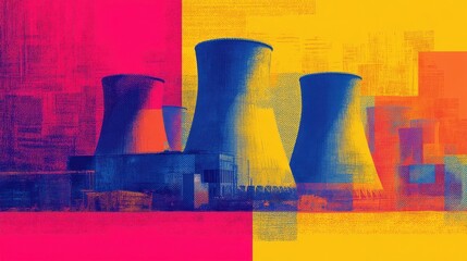 Vibrant abstract depiction of industrial power plant structures.