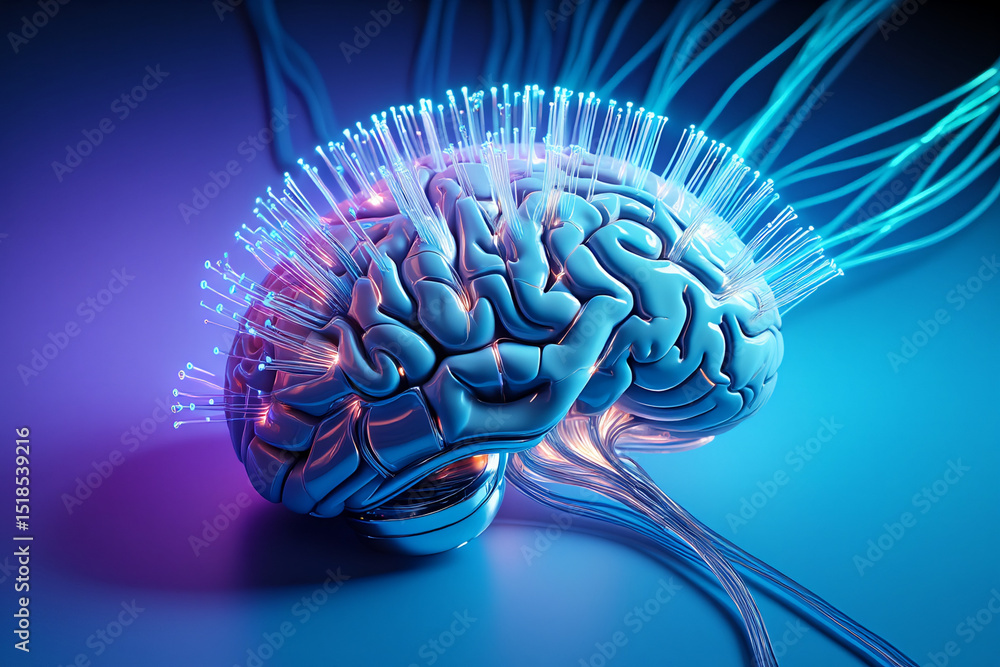 Poster artificial intelligence brain with fiber optics neural network connections ai