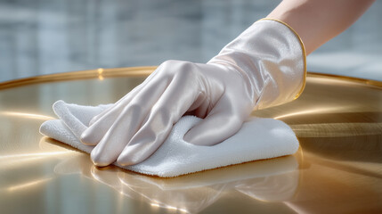 Close-up, gloved hands polish sleek table with microfiber cloth, light gleams off surface