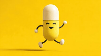 Happy cartoon pill character on yellow background with arms and legs