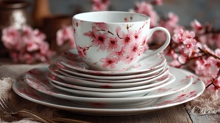 White plates and cups with cherry blossom designs are stacked nicely. They bring a springtime feel to the table.