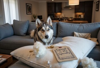 A playful dog lounging on a couch with a humorous sign about denial
