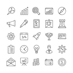Flat Line Business and Marketing Icon Set – Vector Concepts for Website and App Design, Development, Strategy, and Digital Advertising