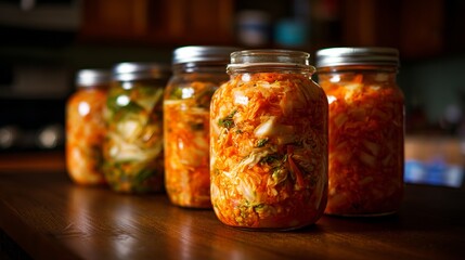 Veggies like kimchi and sauerkraut are preserved by fermenting. They're in jars on a kitchen table, like canned goods.