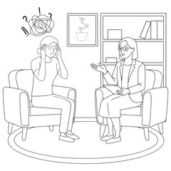 Illustration of a therapist talking to a distressed patient in a cozy office setting. Mental health counseling session concept