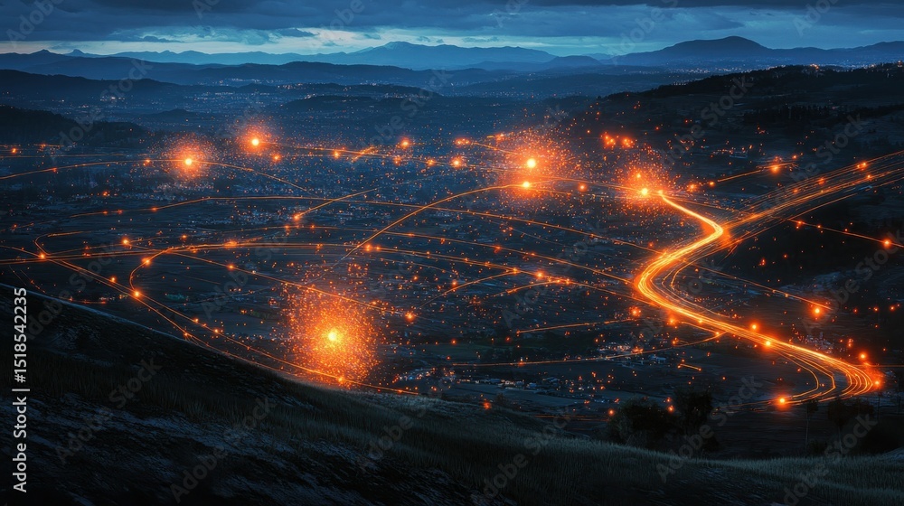 Poster cyber warfare attack in progress with glowing data streams in a digital landscape at nighttime