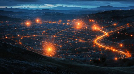 Cyber warfare attack in progress with glowing data streams in a digital landscape at nighttime