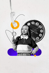 Zine sketch image vertical collage of happy girl guy manager stand telephone handset alarm clock...