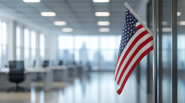 An American flag hanging from a pole in an office setting, suitable for patriotic or corporate events