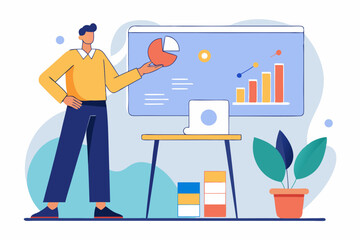 Business explanation, pie chart presentation, sales data talk, office briefing, professional speaker, data - driven discussion, company report, financial insight, work analysis, business communication