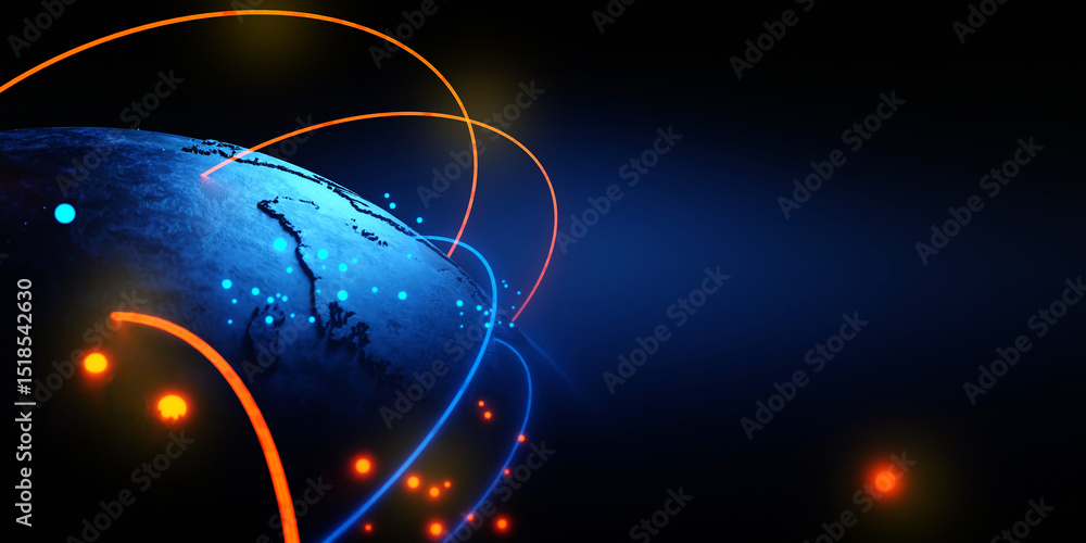 Poster global world earth or planet of technology network of internet telecom communication, data cloud sto