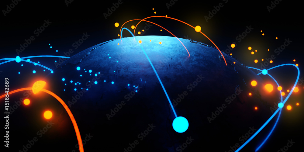 Poster global world earth or planet of technology network of internet telecom communication, data cloud sto