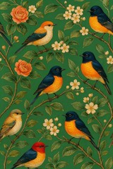 Obraz premium Birds and flowers seamless wallpaper in vintage illustration style, green background with orange and yellow accents, nature-inspired interior decor