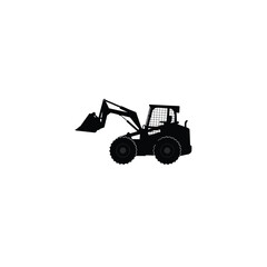 Silhouette of skid loader maneuvering on white background.