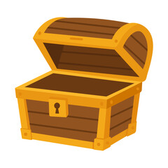Open wooden treasure chest cartoon. Empty pirate box illustration. Vintage chest clipart.