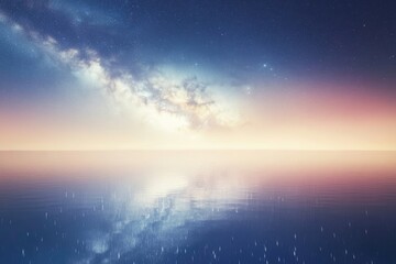 Fototapeta premium The Milky Way reflects off of a calm ocean under a vibrant, soft sunset, creating a surreal, dreamlike landscape.