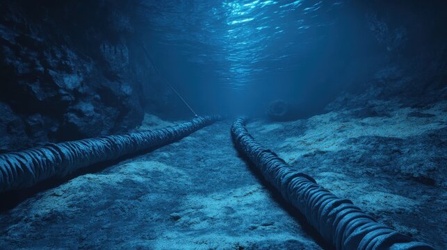 Deep Ocean Trench with Cables Spread Across the Ocean Floor. Generative AI