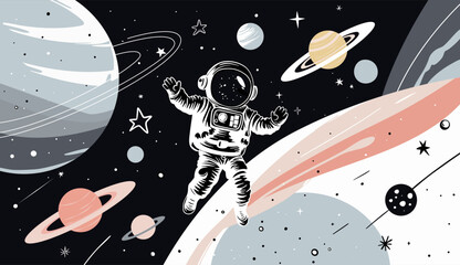 Monochrome simple linework with space elements. Minimalist flat illustration of outer space with an astronaut in doodle style.