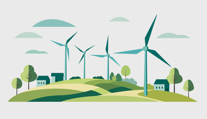 Illustration of wind turbines integrated into a rural  landscape. Powerful windmill. Eco illustration in a flat style