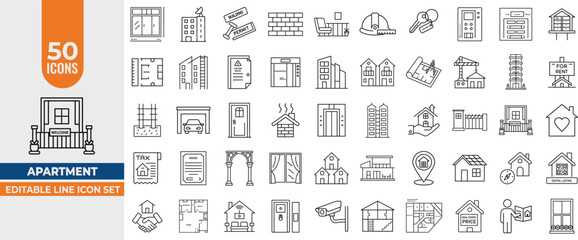 50 Editable Line Icons for Apartment Complexes, Housing, flat, home, architecture, property, building, residential, Editable stroke. Vector illustration