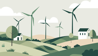 Eco illustration in a flat style. Powerful windmill. Illustration of wind turbines integrated into a rural  landscape.