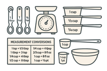 Measurement conversions guide for cooking in a kitchen setting featuring various tools and units