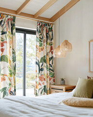 Tropical getaway at home: bedroom with nature-inspired decor, lush foliage curtains and handcrafted details. The perfect place to relax and feel the summer breeze.
