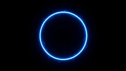 Abstract animation of sound wave circle equalizer.  Audio spectrum simulation for music. Glowing blue circle with electric sparks on a black background futuristic technology concept.
