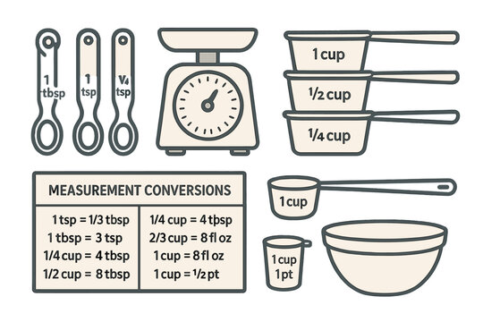 Measurement conversions guide for cooking in a kitchen setting featuring various tools and units