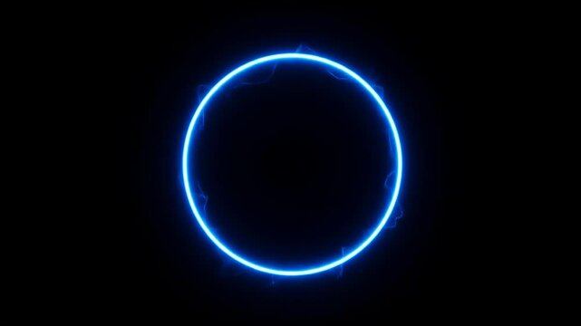 Abstract animation of sound wave circle equalizer.  Audio spectrum simulation for music. Glowing blue circle with electric sparks on a black background futuristic technology concept.