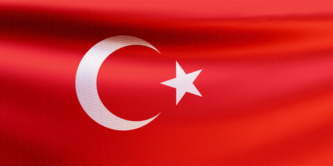 Realistic Turkish flag with silk fabric texture. Wavy national flag of the Republic of Turkey with white crescent moon and star. Country symbol for celebrating patriotic holidays. Vector illustration
