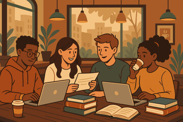 Students collaborate on a project in a cozy urban cafe with laptops, books, and warm lighting in the afternoon