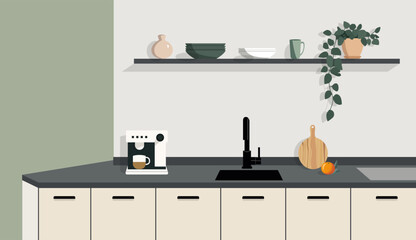 A minimalist flat illustration of a small kitchen corner. A countertop with a sink, coffee machine, cutting board. Muted colors
