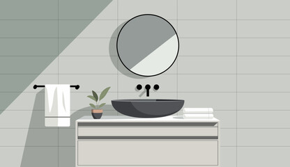 A minimalist modern illustration of a bathroom corner. A vanity with a round sink, a circular mirror. Fat design, neutral tones