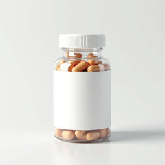 supplement bottle mockup with capsules in it with white label, 3d product mockups,protein jar,medicine bottle with pills,omega 3 capsules,realistic mockups,photography,transparent vitamins bottle
