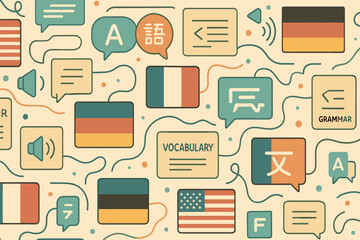 Language learning resources featuring diverse vocabulary and grammar elements from various languages on a decorative background