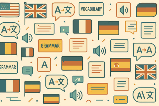 Educational elements featuring flags and text related to language learning and vocabulary development