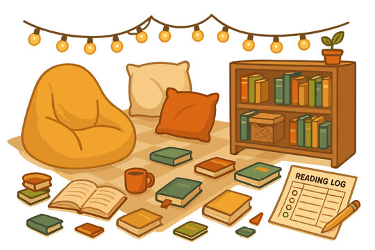 Cozy reading nook with colorful books and warm lighting setup for relaxation and reflection