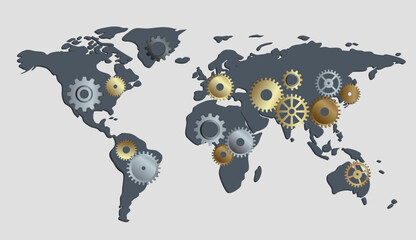 A minimalist world map composed of small mechanical gears of different sizes. Modern flat style