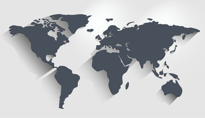 A clean vector of the world map silhouette in solid dark gray with a soft drop shadow behind it. Simple flat design